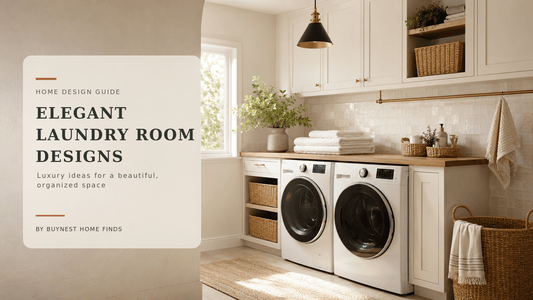 Elegant cream laundry room with white cabinets, oak folding counter, woven baskets, brass accents, and front-loading washer and dryer