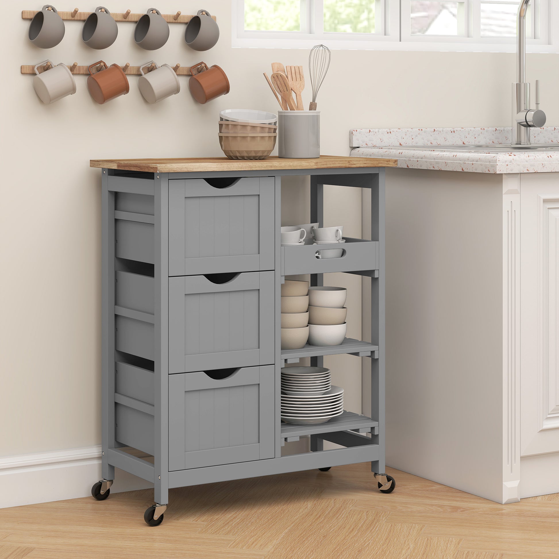 Rolling Kitchen Cart with Wood Top & Drawers – product view 8