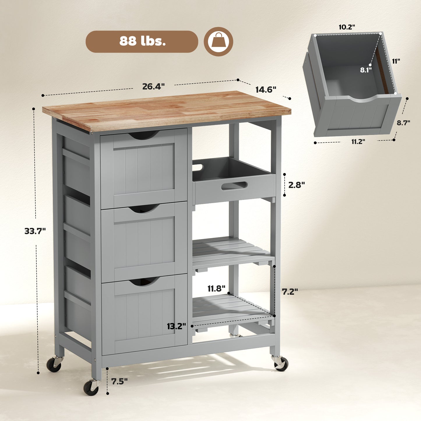 Rolling Kitchen Cart with Wood Top & Drawers – product close-up