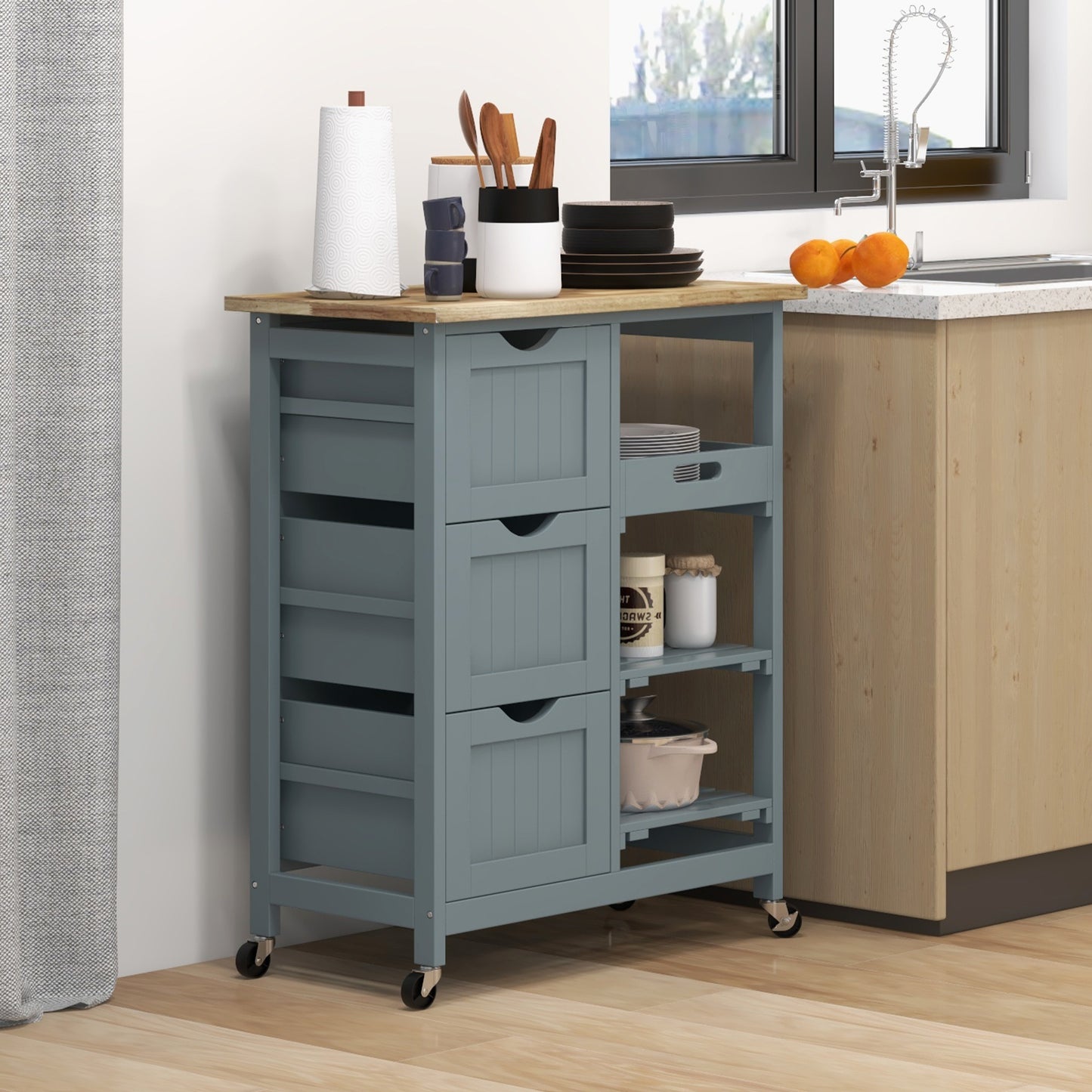 Rolling Kitchen Cart with Wood Top & Drawers – main product view