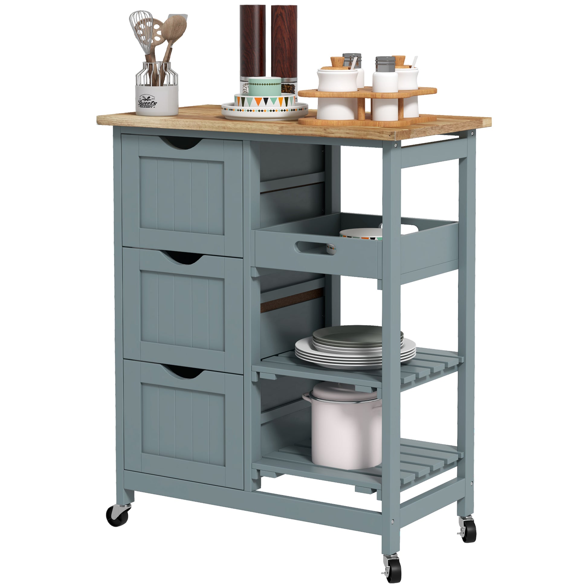 Rolling Kitchen Cart with Wood Top & Drawers – product view 9