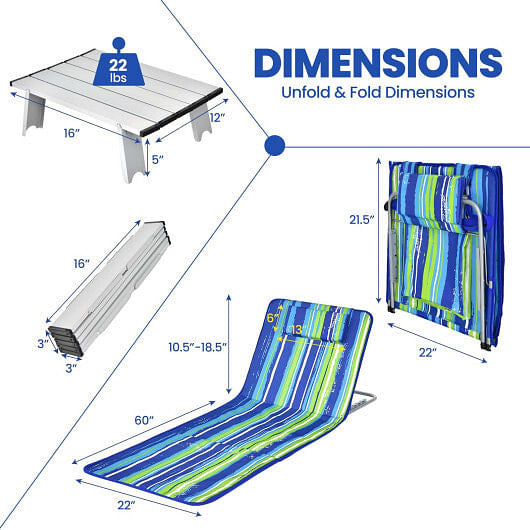 3 Pieces Beach Lounge Chair Mat Set 2 Adjustable Lounge Chairs with Table Stripe-Blue