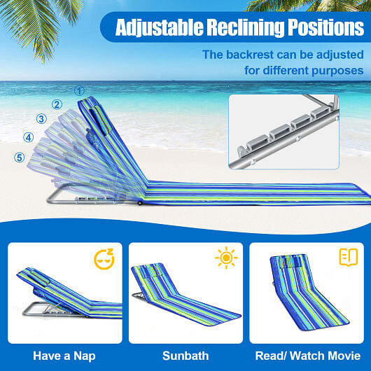 3 Pieces Beach Lounge Chair Mat Set 2 Adjustable Lounge Chairs with Table Stripe-Blue