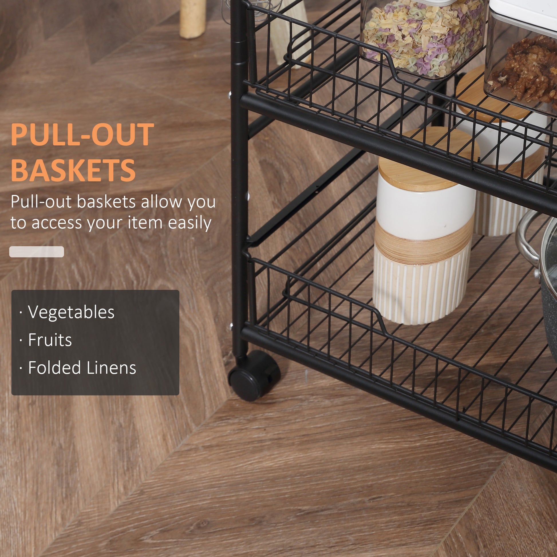 3-Tier Rolling Kitchen Cart with Baskets – product view 6
