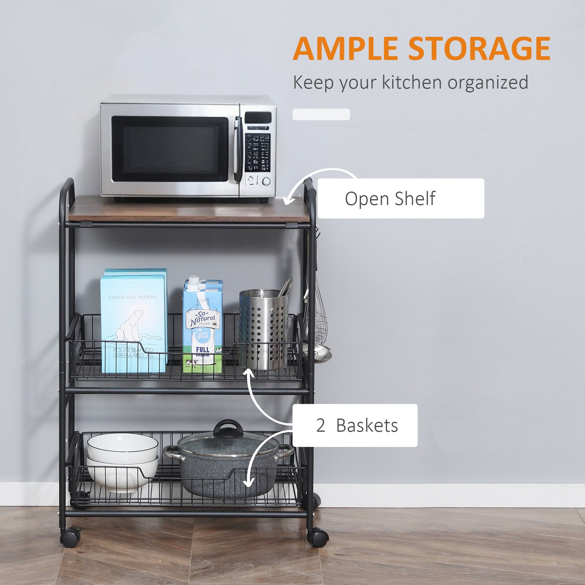 3-Tier Rolling Kitchen Cart with Baskets – product detail view